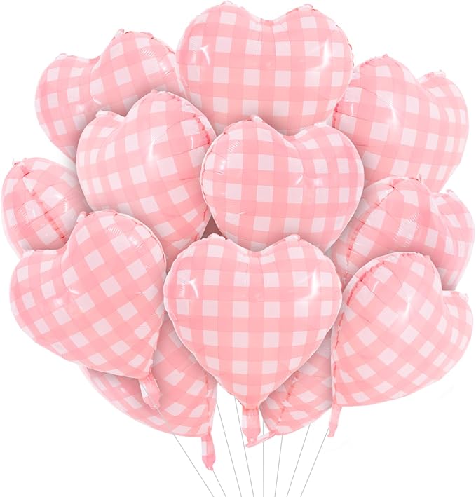 TONIFUL 30 Pcs Pink Gingham Heart Balloons 18 Inch Heart Shape Foil Balloon | by TONIFUL