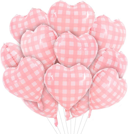 TONIFUL 30 Pcs Pink Gingham Heart Balloons 18 Inch Heart Shape Foil Balloon | by TONIFUL