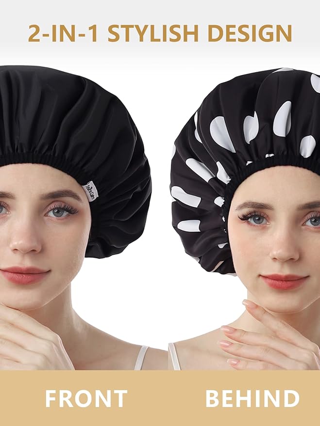 Years Calm Shower Caps For Women Reusable Waterproof，Pattern And Solid Color Dual-Layer Design For Dual-Layer Usable，Protects Hair In Shower, Spa, Cooking, Clean & Travel (Black, One Size)