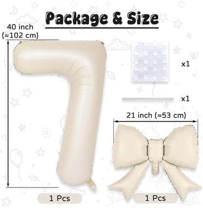 40 Inch Cream Number 7 with Bow Balloons, Giant Self Inflating Beige Cream Foil - Image 2