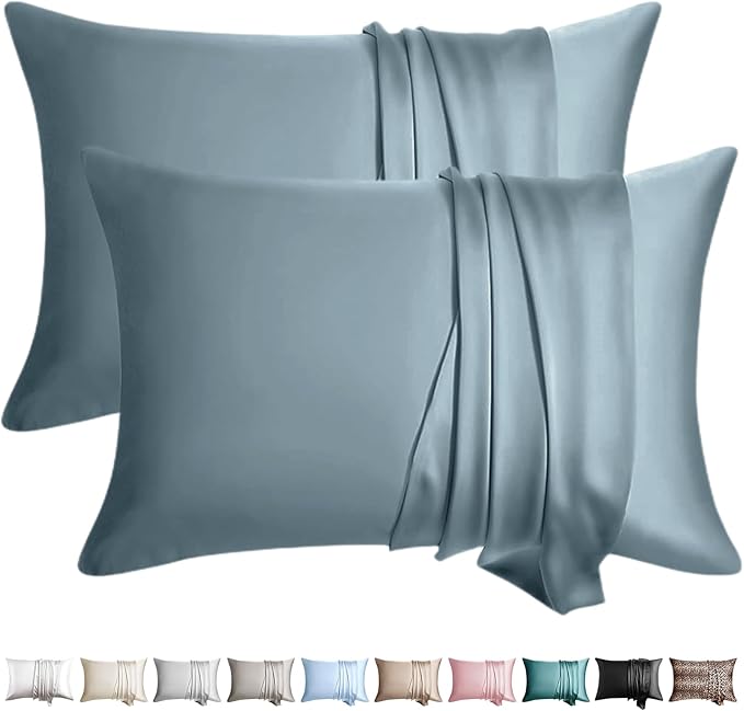 100% Silk Pillow Cases 2 Pack Standard Size Mulberry Silk Pillowcase for Hair and Skin Set of 2 Highest Grade 6A Silk Soft Breathable Cooling with Hidden Zipper, Grey Blue
