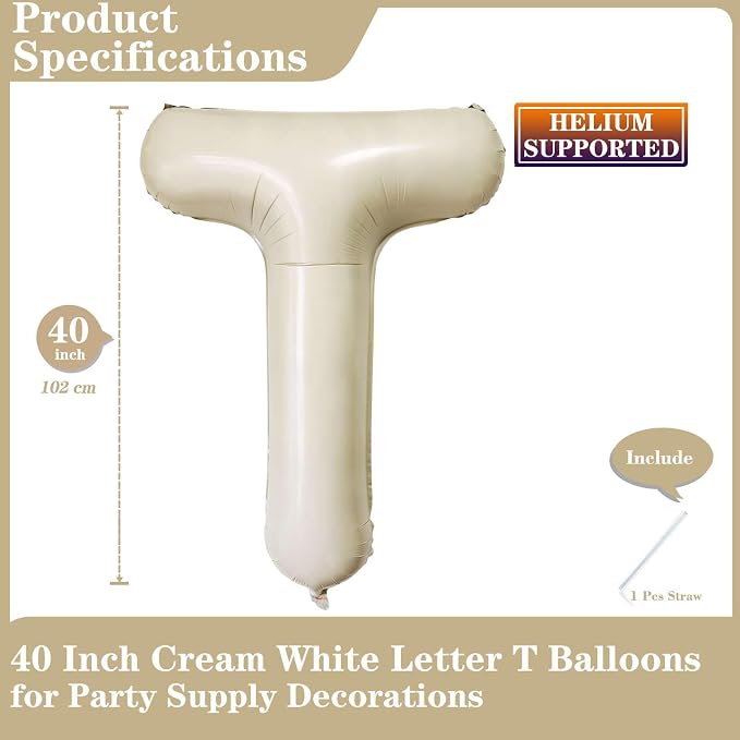 Cream White Letter T Balloons, 40 Inch Giant Foil Mylar Helium Balloons - Image 2