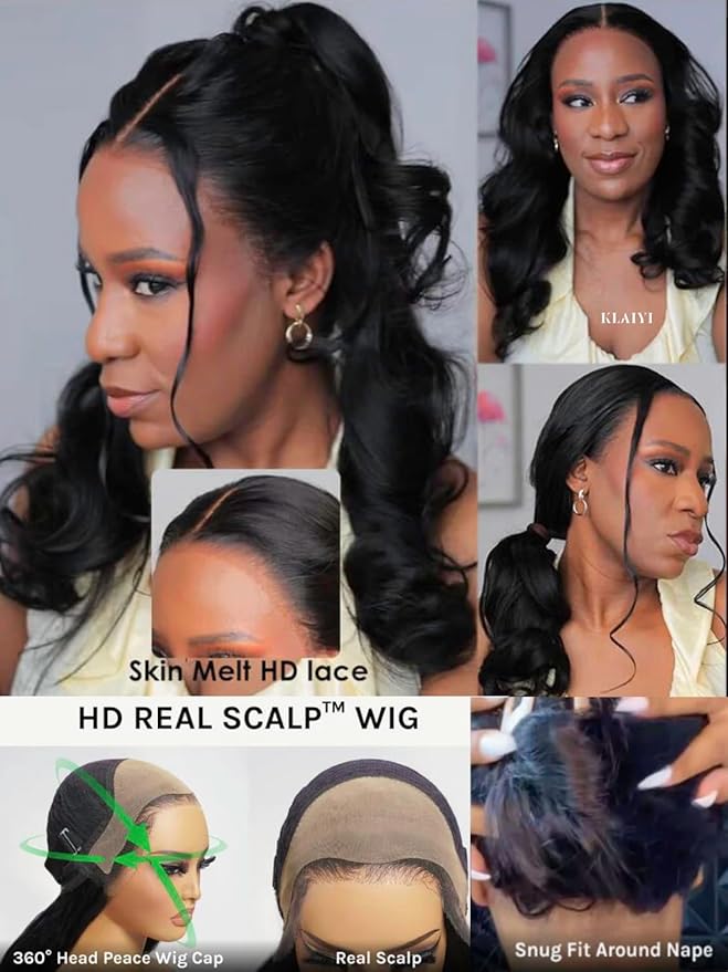 KLAIYI HD Real Scalp Wig 13x4 Lace Frontal Human Hair Wig Loose Body Wave with Face Framing Curtain Bangs Pre Everything Glueless 3S Wear and Go Precut Lace Pre Plucked Pre Bleached 180%Density 16Inch