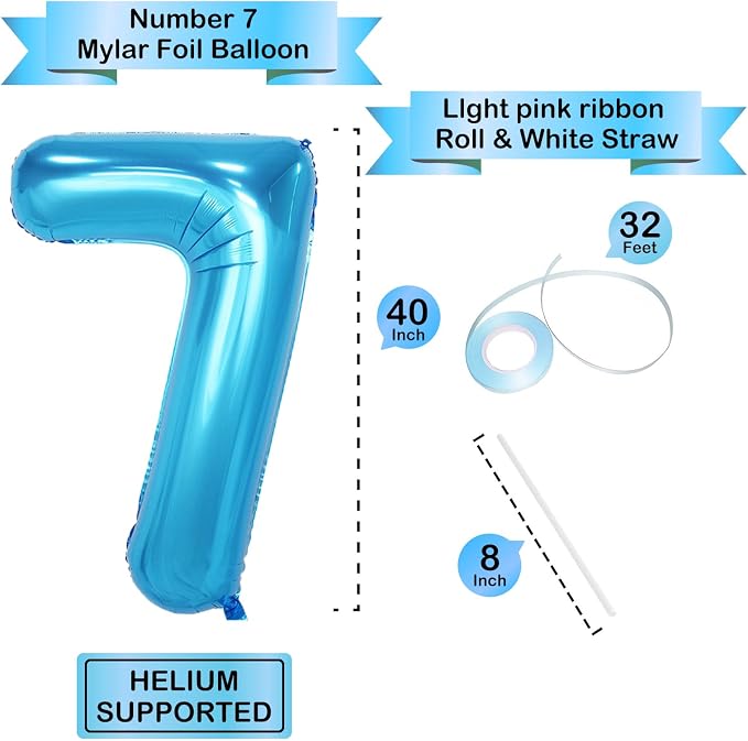 40 Inch Blue Number Balloons, Helium Mylar Foil Number Balloons - Image 3