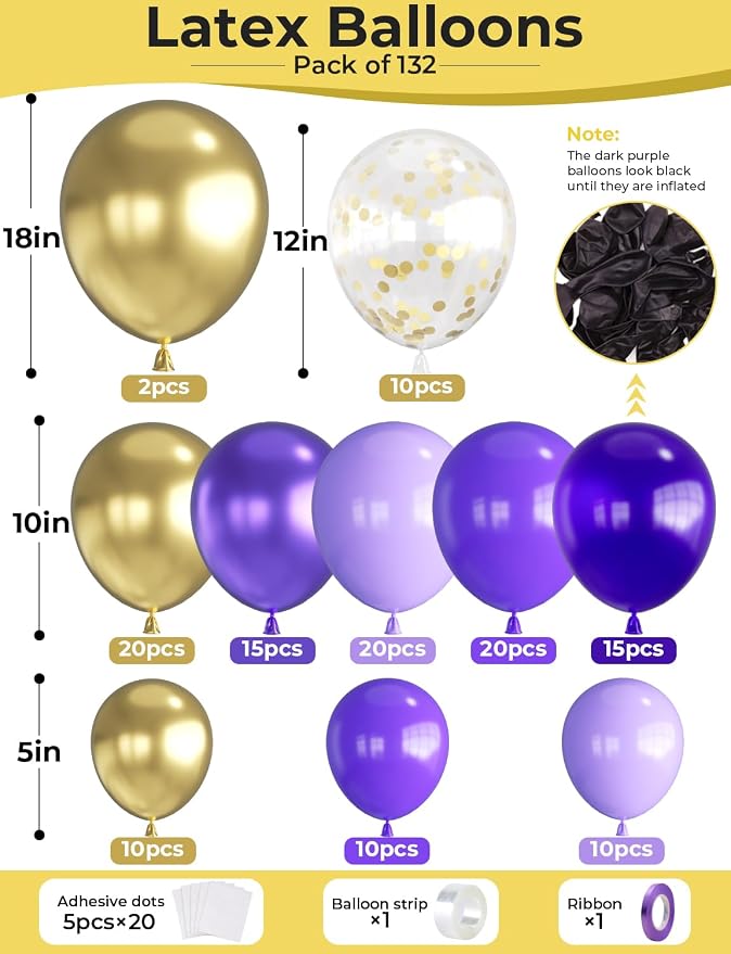 Purple and Gold Balloon Arch Kit, Birthday Party Decor | Multi-Size Purple Gold - Image 3