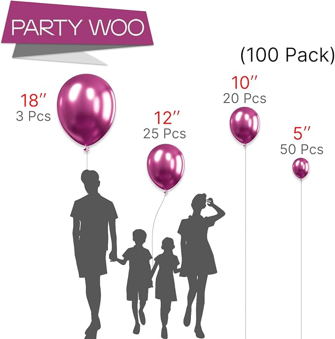 PartyWoo Metallic Hot Pink Balloons 100pcs Dark Pink Magenta Fuchsia Color | - Image 3