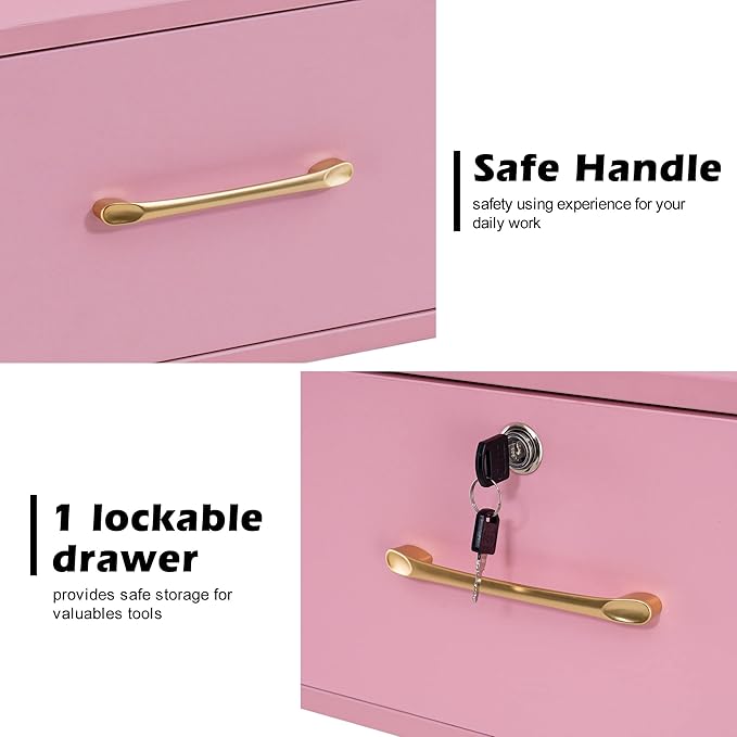 BarberPub Beauty Locking Wall Mount Styling Station, Barber Salon Station with Hair Dryer Holders, Spa Storage Floating Equipment with 2 Drawers 5012 (Pink)
