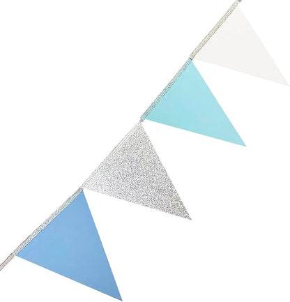 Dusty Blue Silver White Party Decorations Pennant Banner Flag Hanging Glitter - Image 6