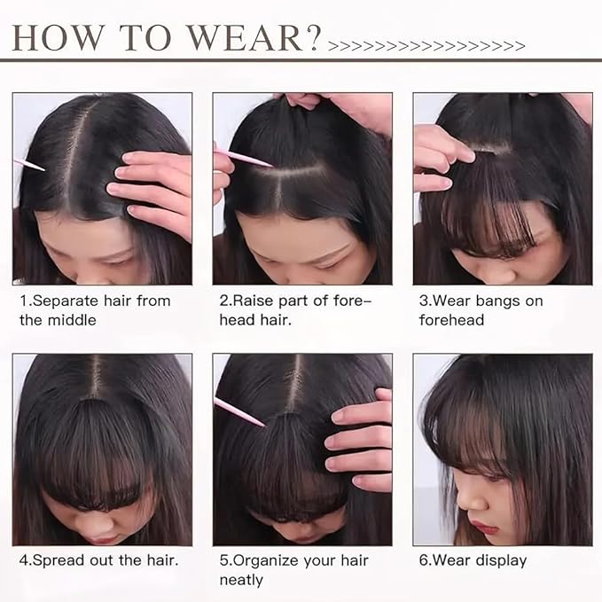 Clip in Bangs Medium Brown Color 100% Real Human Hair Wispy Clip on Bangs Extensions Fringe with Temples Hairpieces for Women