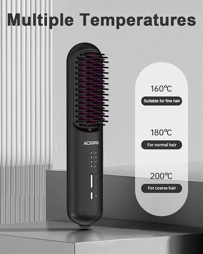 Rechargeable Hair Straightener Brush - 6400mAh Large Capacity Battery - Portable Straightening Brush Comb - Mini Cordless Ionic Straightener for Women - Great for Travel & Home ACSGPG