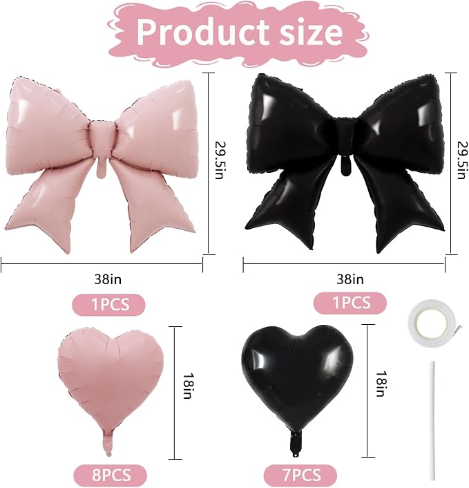 Vuzvuv Pink Black Bow Heart Balloons Set, Anniversary, Bridal Shower, Girls - Image 2