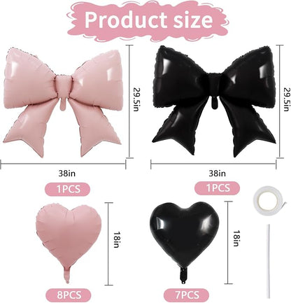 Vuzvuv Pink Black Bow Heart Balloons Set, Anniversary, Bridal Shower, Girls - Image 2