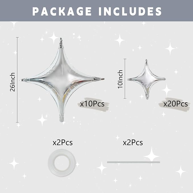 TONIFUL 30 Pcs Four Pointed Star Balloon 26In & 10In Silver Foil Balloon | - Image 2
