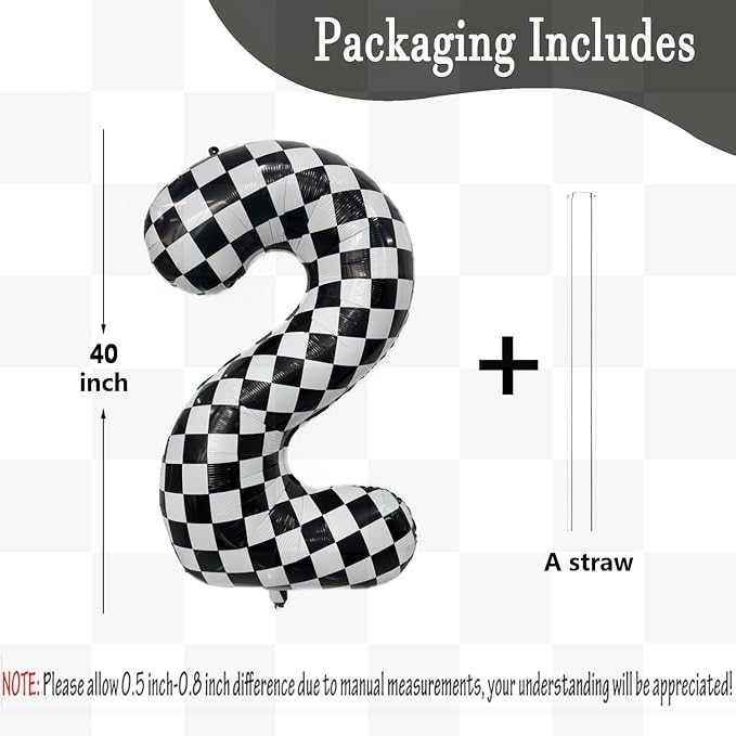 40 Inch Checkered Number Balloon 2 Black and White Number 2 Balloon Foil Helium - Image 2