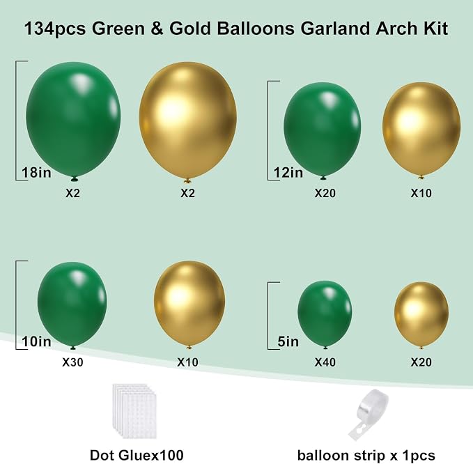 YMSZ Green and Gold Balloons Arch Kit, Different Size, - Image 2