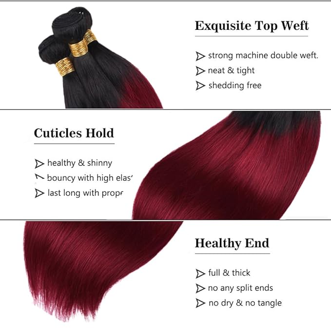 99j Bundles Human Hair Ombre Red Straight Bundle Niegmeag Brazilian Virgin Remy Hair 3 Bundles 12 14 16 Inch Double Weft 2 Tone Black and Burgundy Straight Bundle Hair Weave
