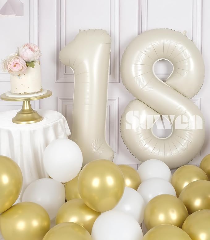 SUWEN 40 Inch Cream White Large 18 Number Balloons Big Foil Helium Number - Image 2