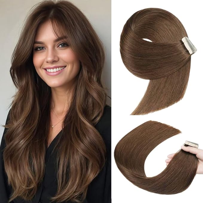 Tape in Hair Extensions Real Human Hair 24 Inch Darkest Brown Double Sided Tape for Skin Weft Hair Extension Invisible Tape in Hair Extensions Straight Remy Human Hair for Women 20pcs (4#,24 Inch)