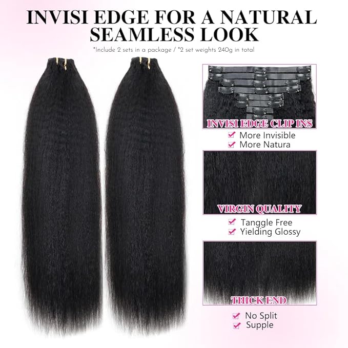 Invisi Edge Clip In Hair Extensions Human Hair 2 Pack 240g 16pcs Kinky Straight Invisible Clip Ins For Women Full Head Injected Clip Ins Remy Human Hair Extensions Natural Color 22inch