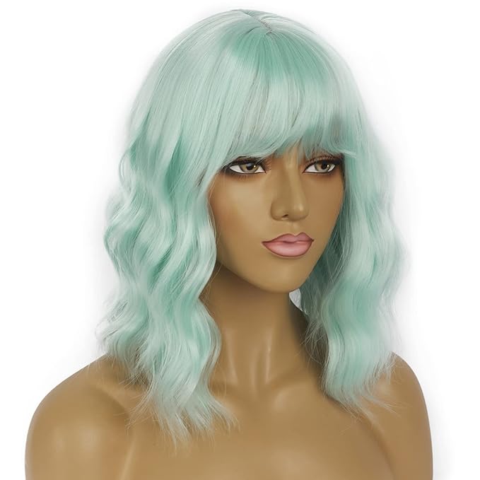 Short Bob Wigs with Bangs for Women Loose Wavy Wig Curly Wavy Shoulder Length Bob Synthetic Cosplay Wig for Girl Colorful Costume Wigs (Mint Green)