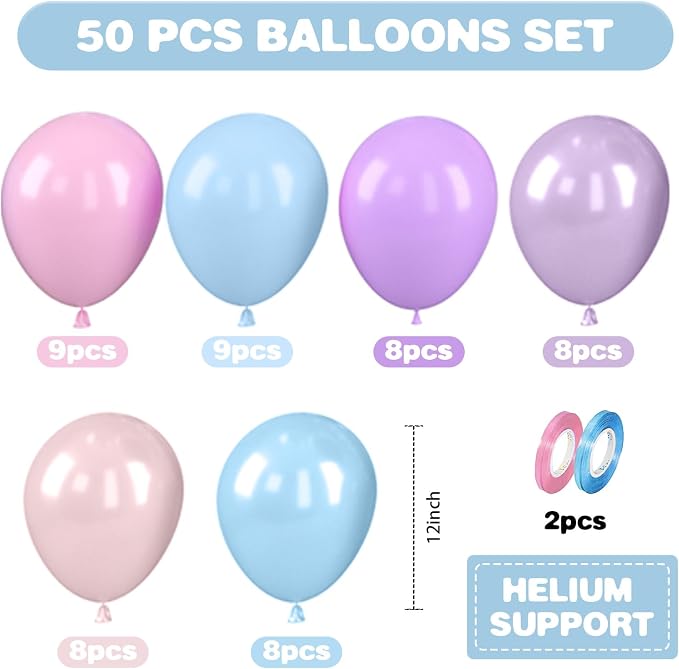Blue Pink Purple Balloons, 12 Inch Pastel Balloons, Pearl Pink Purple Blue - Image 2