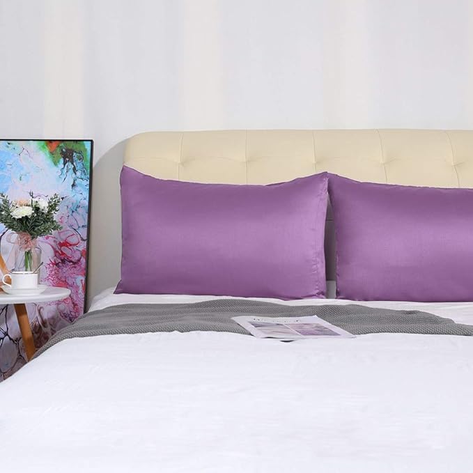 uxcell 2 Pack Silk Satin Pillowcase for Hair and Skin, Cool, Silky, Soft Breathable Pillow Cases Queen Size 20x30 Inch Sateen Pillowcase Purple with Envelope Closure