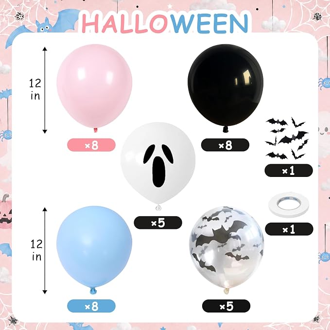 Halloween Gender Reveal Black and Pastel Pink Blue Ghost Balloons | 12 Inch - Image 2