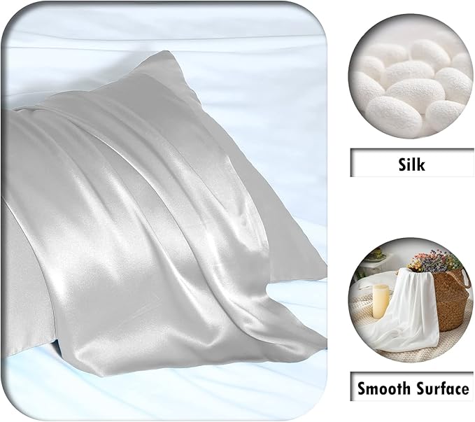 Mulberry Silk Pillowcase for Hair and Skin Pillow Case with Hidden Zipper Soft Breathable Smooth Cooling Silk Pillow Covers for Sleeping (Silver Grey, King（20"X 36"）)