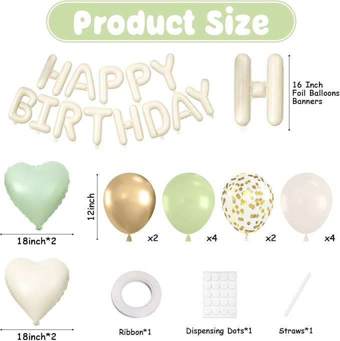 29PC Green Heart Happy Birthday Balloon Banner, 16Inch 3D Aluminum Letter - Image 2