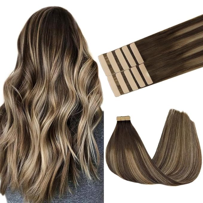 GOO GOO Tape in Hair Extensions Tape 201, 4/26/4 Balayage Chocolate Brown to Honey Blonde, 14inch 25g 10pcs