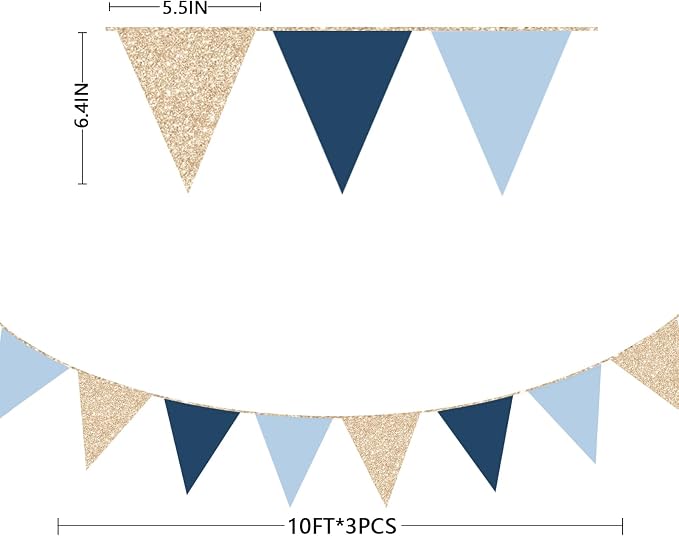 Champagne Gold Navy Blue Dusty Blue Pennant Banner Flag Hanging Paper Triangle - Image 2