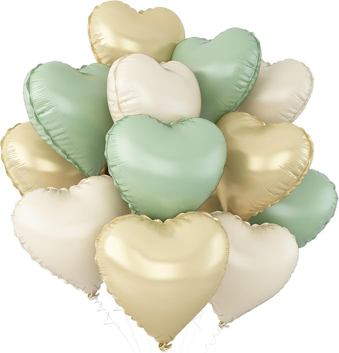 Sage Green Gold Heart Balloons, 18Inch Cream White Helium Balloon by Adorely