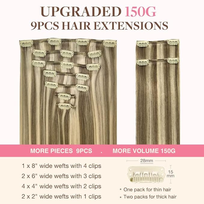 GOO GOO Clip in Hair Extensions Real Human Hair, Remy Human Hair Extensions Clip ins for Women, Natural Human Hair, 18inch 150g 9Pcs, 8A/22 Medium Brown Highlighted Golden Blonde