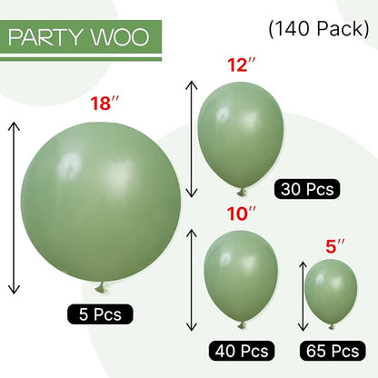 PartyWoo Sage Green Balloons 140pcs Different Sizes Pack of 18 12 10 5 Inch - Image 6