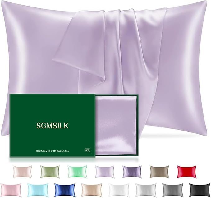 Mulberry Silk Pillowcase for Hair and Skin, SGMSILK 22 Momme Natural Silk Pillow Cases with Zipper, 6A Soft and Smooth Single Sided Pure Silk Pillow Cover (Light Purple, King 20"x36")