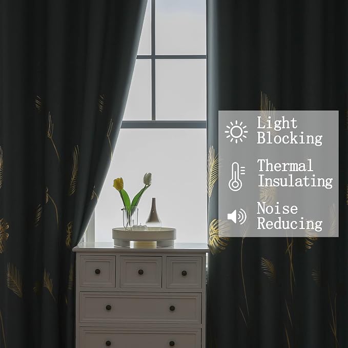 Stone Blue Blackout Curtains for Bedroom, Room Darkening Gold Palm Tree Pattern - Image 6