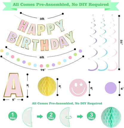 YEOCU Birthday Decorations, No DIY Pre-Strung Happy Birthday Banner | Pastel - Image 7