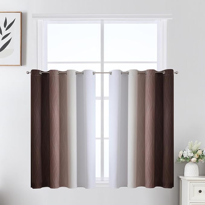 Brown and Greyish White Ombre Short Blackout Cafe Curtains 36 Inch Length by ESTELARTEXTILER