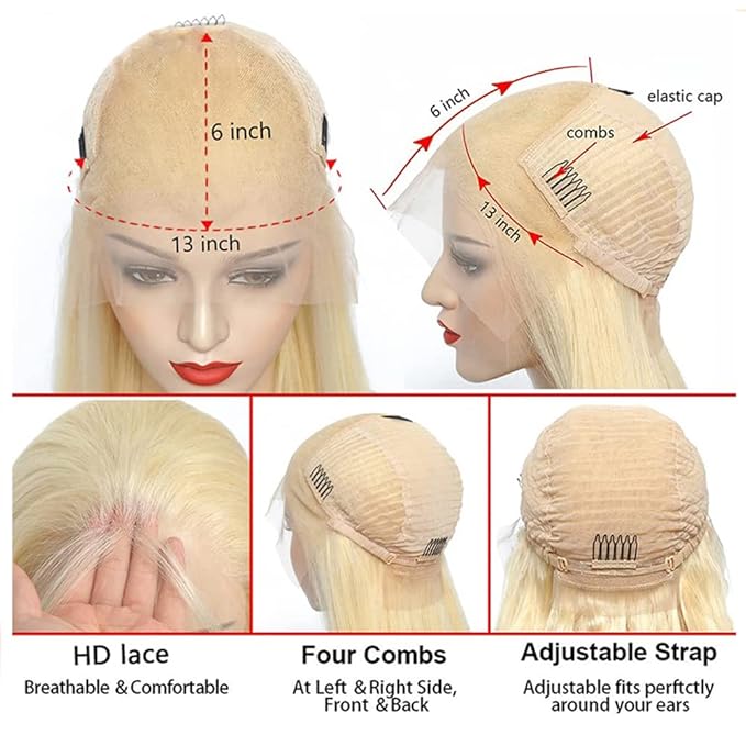 613 Blonde Human Hair Wigs 13X6 HD Transparent Lace Front Body Wave Wigs with Baby Hair for Black Women Pre Plucked Brazilian Virgin Hair Wig 180% Density 16 Inch
