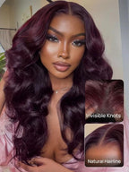 KLAIYI Black Cherry Loose Body Wave Pre Eeverything 13x4 Lace Frontal Wigs Human Hair Bye Bye Knots Glueless Ready to Wear and Go Wig with Face Framing Bangs Drawstring Pre Plucked Burgundy Wig 26Inch