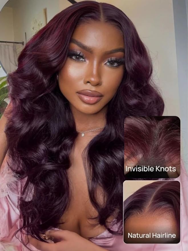 KLAIYI Black Cherry Loose Body Wave Pre Eeverything 13x4 Lace Frontal Wigs Human Hair Bye Bye Knots Glueless Ready to Wear and Go Wig with Face Framing Bangs Drawstring Pre Plucked Burgundy Wig 24Inch