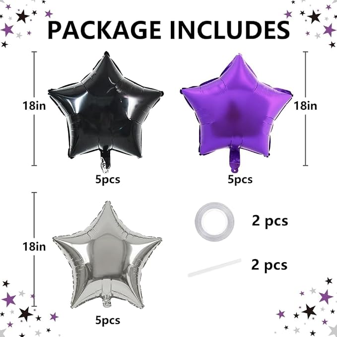 TONIFUL 15 Pack Purple Black Silver Star Foil Balloons | 18 Inch Mylar Star - Image 2