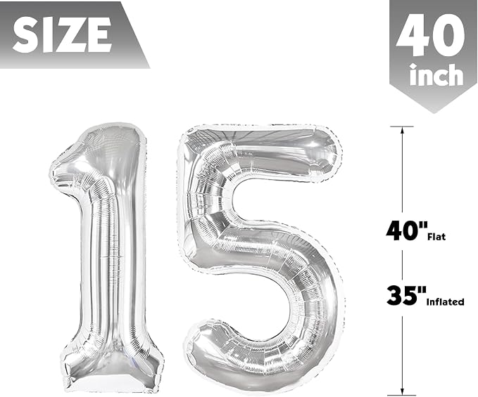 40 Inch Silver Number 15 Balloon Birthday Party Decorations - Image 5