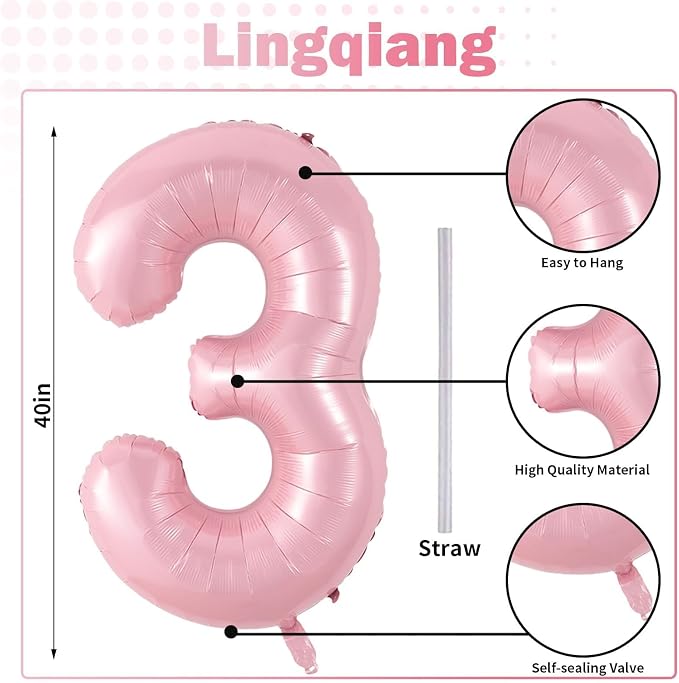 Pastel Pink Number 3 Balloon, 40 Inch Giant Pearl Light Pink Helium Foil Number - Image 2