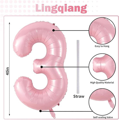 Pastel Pink Number 3 Balloon, 40 Inch Giant Pearl Light Pink Helium Foil Number - Image 2