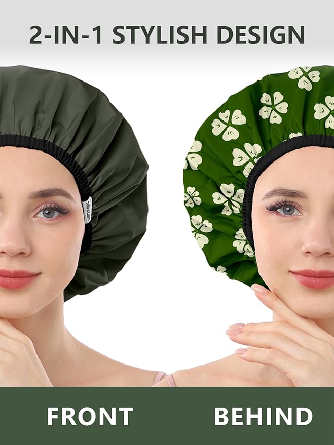 Years Calm Shower Caps For Women Reusable Waterproof，Pattern And Solid Color Dual-Layer Design For Dual-Layer Usable，Protects Hair In Shower, Spa, Cooking, Clean & Travel (Green, Extra Large)