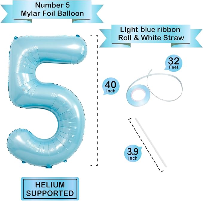 40 Inch light blue Number Balloons, Helium Mylar Foil Number Balloons - Image 3