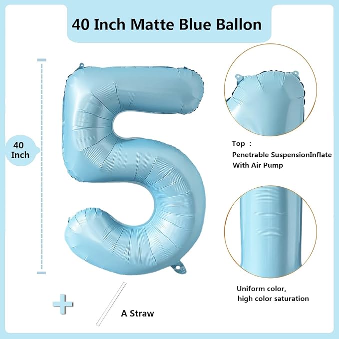 40 Inch Matte Blue 5 Number Balloons Light Blue Number 5 Foil Balloon Mylar - Image 2