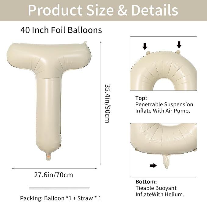 Biapian 40 Inch Giant Cream T Foil Balloons - Image 2