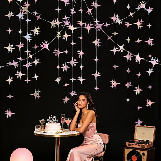 Glitter Iridescent Pink Four-Angle Star Paper Garland Banner 40 Feet Iridescent - Image 5